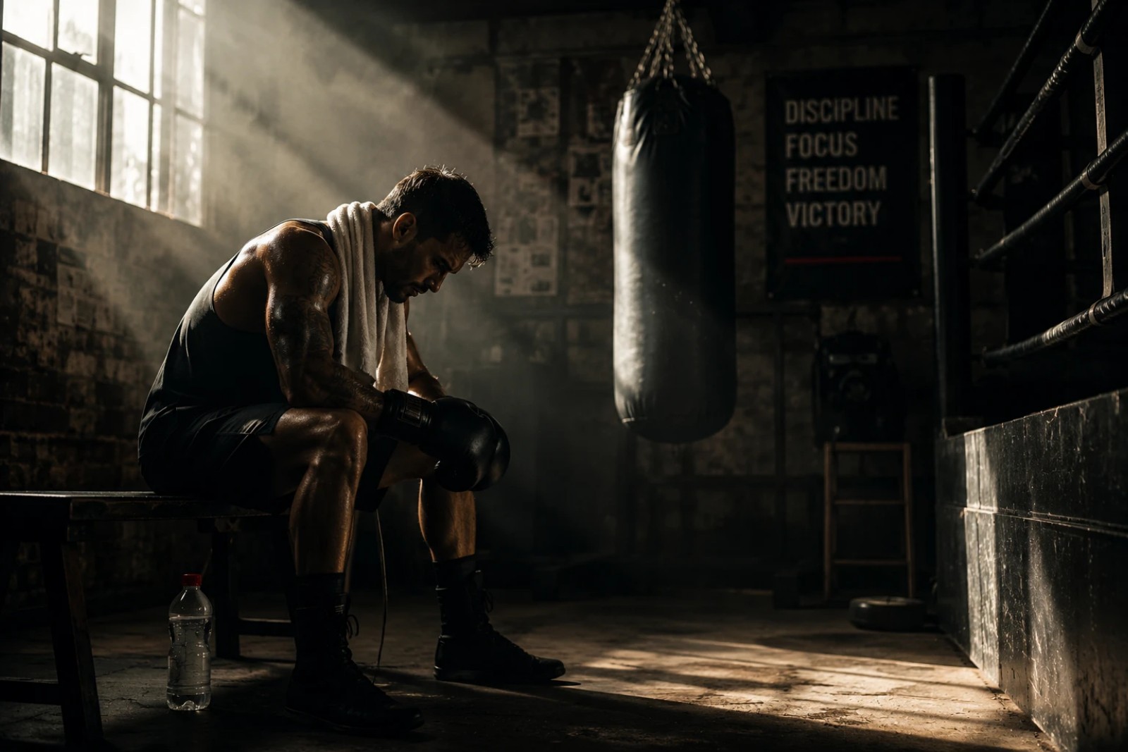 A boxer sits head down on a bench in a dark gym, gloves on and a towel around his neck, beneath a wall sign reading Discipline, Focus, Freedom, Victory
