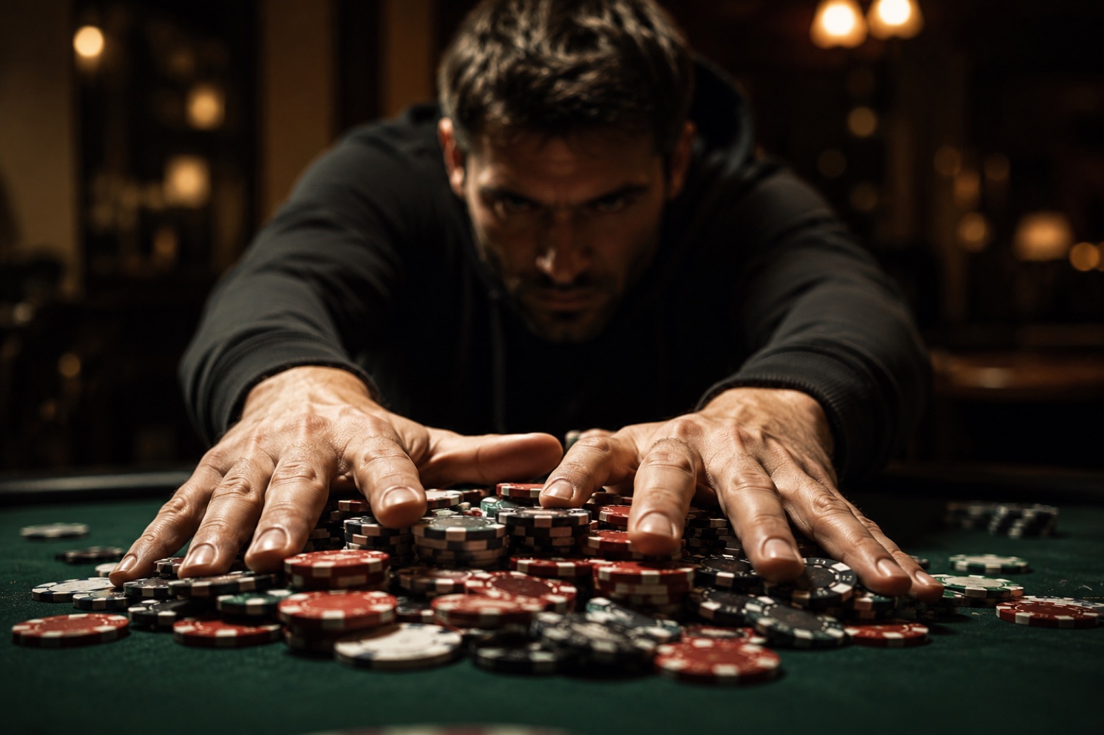 A man leaning over a poker table with both hands raking in a large pile of casino chips