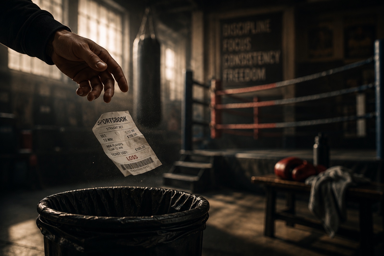 A hand tossing a losing sportsbook betting slip into a trash can inside a boxing gym