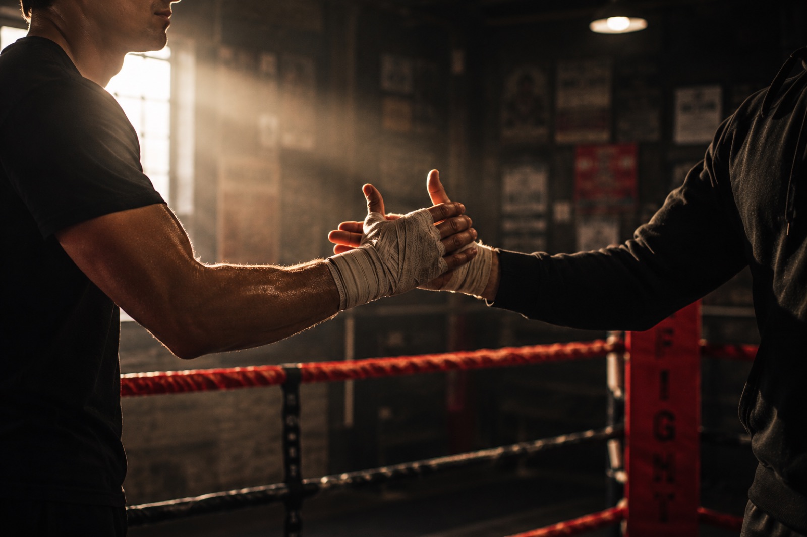 A fighter and coach clasping hands in the ring