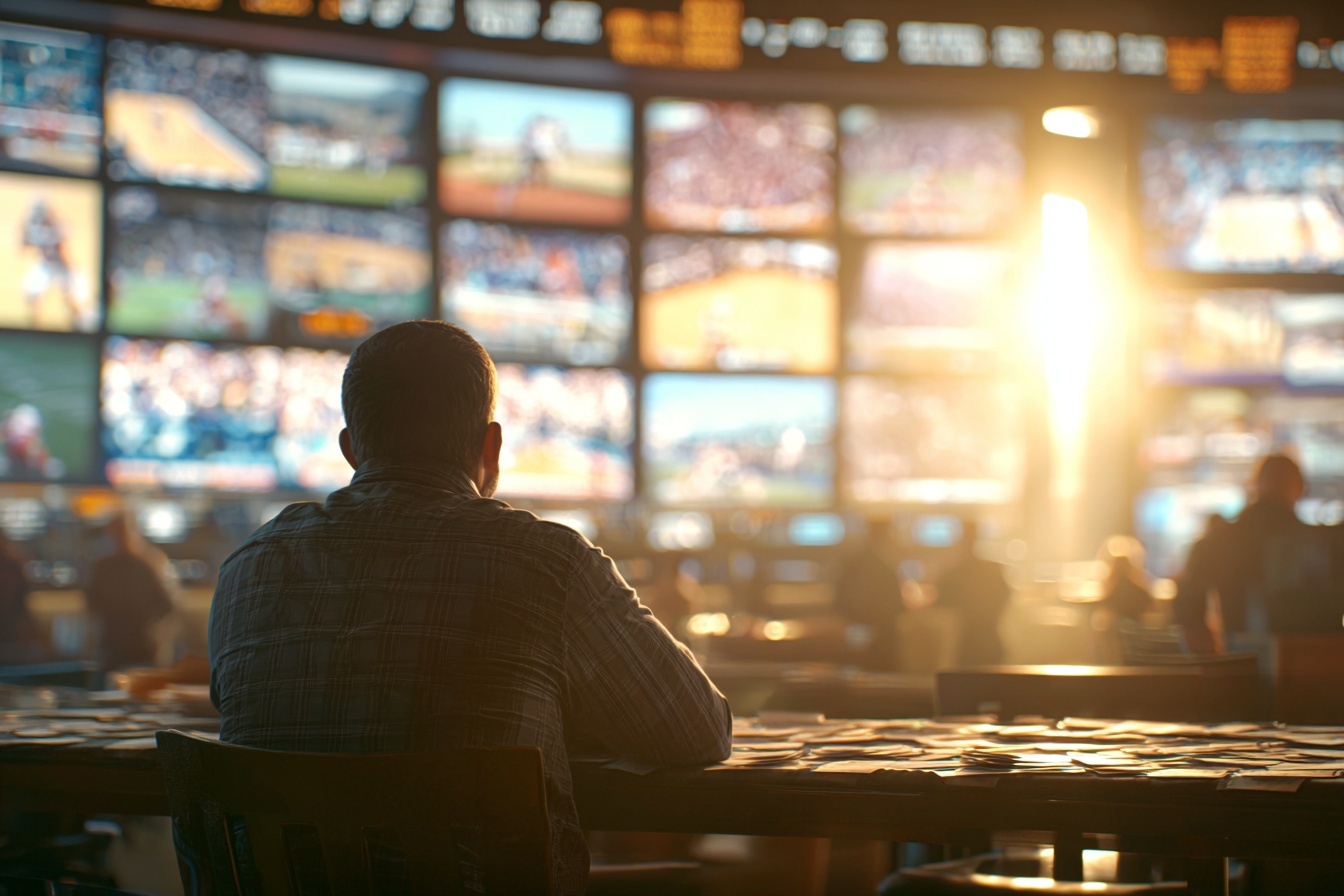 A man watching a wall of sports betting screens at sunset
