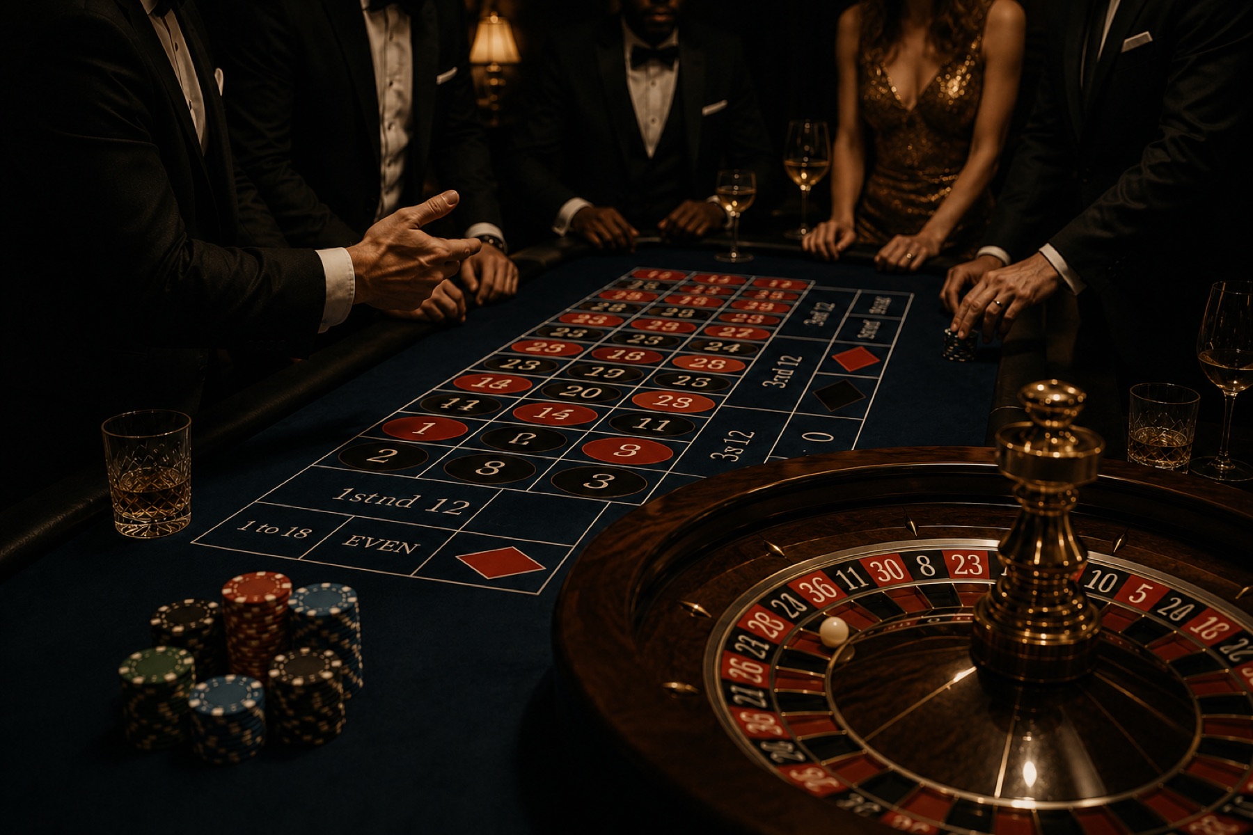 A roulette wheel, casino chips and well-dressed players at a dark, upscale casino table